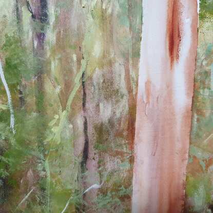 Large landscape painting by Victoria Collins, showing lush Australian sapling forest with layers of delicate marks from very dark olive green to pale teal and apricot tones.