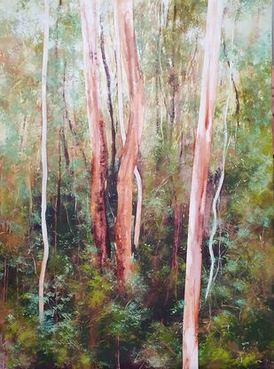 Large landscape painting by Victoria Collins, showing lush Australian sapling forest with layers of delicate marks from very dark olive green to pale teal and apricot tones.