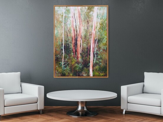 Large landscape painting by Victoria Collins, showing lush Australian sapling forest with layers of delicate marks from very dark olive green to pale teal and apricot tones.