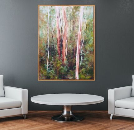 Large landscape painting by Victoria Collins, showing lush Australian sapling forest with layers of delicate marks from very dark olive green to pale teal and apricot tones.