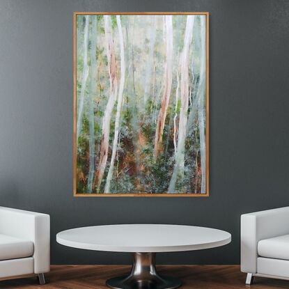 Large landscape painting by Victoria Collins, showing lush Australian sapling forest with layers of delicate marks in soft pale green tones of sage and mint with ochre underlay.