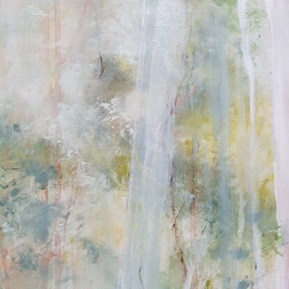 Large landscape painting by Victoria Collins, showing lush Australian sapling forest with layers of delicate marks in soft pale green tones of sage and mint with ochre underlay.