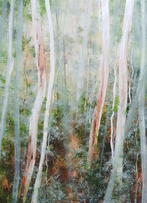 Large landscape painting by Victoria Collins, showing lush Australian sapling forest with layers of delicate marks in soft pale green tones of sage and mint with ochre underlay.