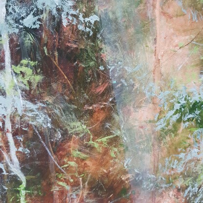 Large landscape painting by Victoria Collins, showing lush Australian sapling forest with layers of delicate marks in soft pale green tones of sage and mint with ochre underlay.