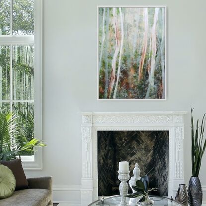 Large landscape painting by Victoria Collins, showing lush Australian sapling forest with layers of delicate marks in soft pale green tones of sage and mint with ochre underlay.