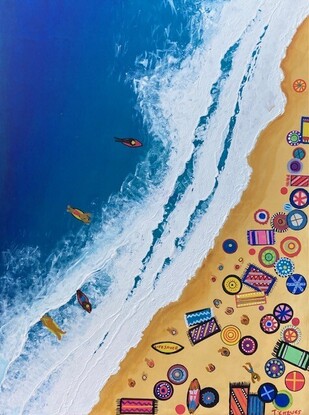  "Wings Over Waves" is a stunning painting that captures the vibrant energy of a summer day on the eastern coast of Australia. From an aerial perspective, the artwork portrays a panoramic view of crashing waves, colourful umbrellas dotting the sandy shoreline, and surfers gracefully riding the waves. The painting beautifully depicts the synergy between nature, beachgoers, and the exhilarating sport of surfing. With its vibrant colours, dynamic composition, and a sense of joyful movement, "Wings Over Waves" transports viewers to a place of sun-kissed bliss and seaside adventure.