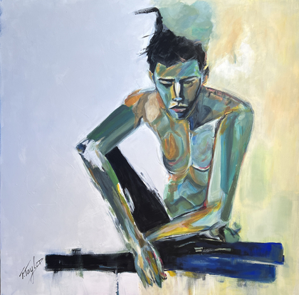 Man sits hugging his knees looking sad and contemplative.  Strong angular face and bold brush strokes that creates the human form with the human psyche personified as a cloud in his head.