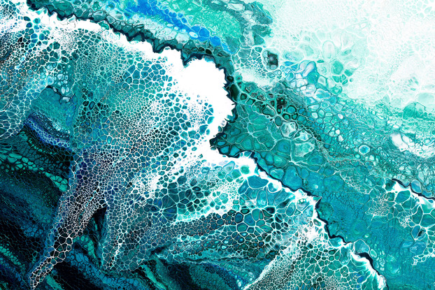 ABSTRACT painting that gives the impression of soothing ocean waves contrasted to the red earth of WEstern Australia!..  The intricate mosaic pattern within the tonal blue emerald green and teal and the glimmering metallics adds added interest and intrigue.
The closer you get to the painting the more of the interesting details and patterns you can see. Metallics add an extra depth because the painting changes personality when one views from different angles and in different light .
although it is an impressionistic abstract, it still has a sense of motion of waves moving and frothing white