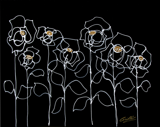 A rhythmical and surreal drawing of white and golden lines over a black background gives us the idea of a rose garden in a clear night.
A Certificate of Authenticity will be provided with the artwork. Also, the fingerprints of my left hand are imprinted at the back (I am mainly left handed and overall ambidextrous). This is my special personal mark that also confirms the authenticity of this painting.  Please note, all artworks are offered without a floating frame, and are carefully painted on the sides. The sample ambient photos shown of the painting on this page, are not on exact scale. Please, check the dimensions before purchasing. 
