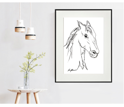 Line art drawing of a horse in charcoal.  By Sydney artist Leni Kae. 