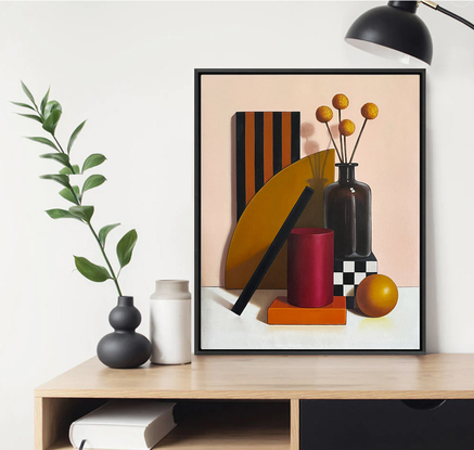 Still life  of flowers in a vase with geometric objects