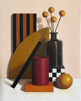 Still life  of flowers in a vase with geometric objects