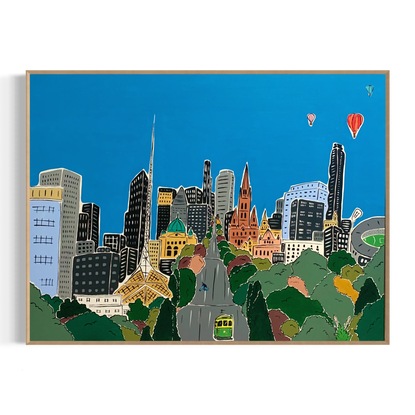 Simplistic landscape of Melbourne cityscape from StKilda road, including iconic buildings bright vibrant 