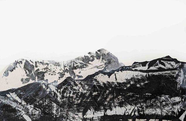 A black and white abstract landscape of moountains