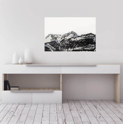 A black and white abstract landscape of moountains