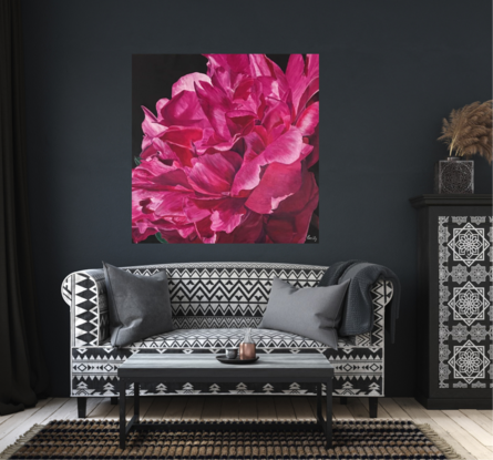 I love hot pink. To me this beautiful pink peony said excitement with style and panache. That is why I have called it Flair. My flowers are outdoors in natural light, this increases the range and intensity of the colour. I have developed my own techniques to make the light bounce off the canvas