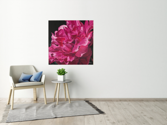 I love hot pink. To me this beautiful pink peony said excitement with style and panache. That is why I have called it Flair. My flowers are outdoors in natural light, this increases the range and intensity of the colour. I have developed my own techniques to make the light bounce off the canvas