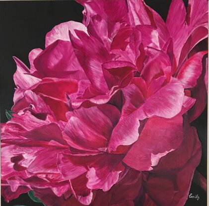 I love hot pink. To me this beautiful pink peony said excitement with style and panache. That is why I have called it Flair. My flowers are outdoors in natural light, this increases the range and intensity of the colour. I have developed my own techniques to make the light bounce off the canvas