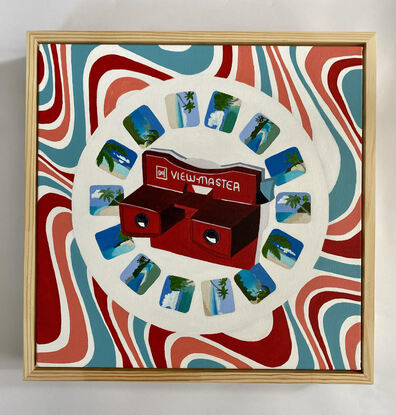 A viewmaster toy with a circular reel of images of the south pacific with a psychedelic blue and red swirling background