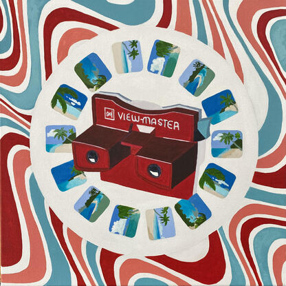 A viewmaster toy with a circular reel of images of the south pacific with a psychedelic blue and red swirling background