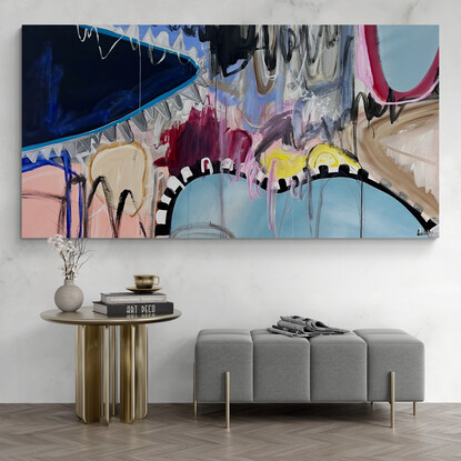 Blue, black, white, pink, red, grey, beige, white, abstract, expressive, energised, bold, 