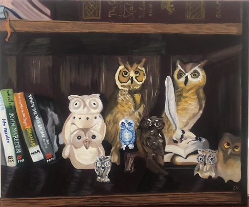 Collection of owl statues on bookshelf with books