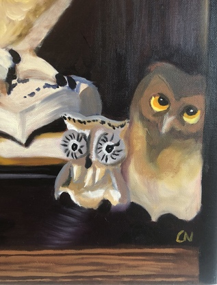 Collection of owl statues on bookshelf with books