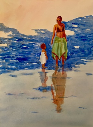 Mother and child talking at the water's edge.