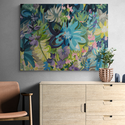 Colourful abstract flower painting of a tropical rainforest.