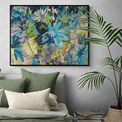 Colourful abstract flower painting of a tropical rainforest.