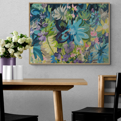 Colourful abstract flower painting of a tropical rainforest.