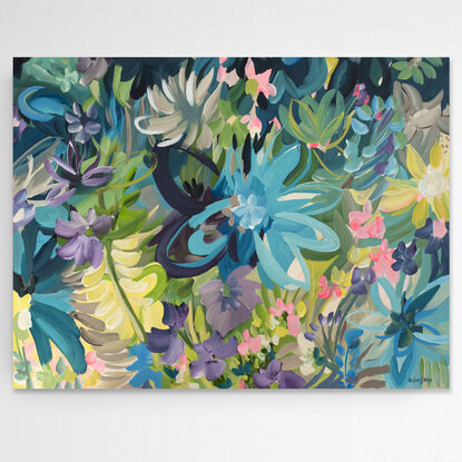 Colourful abstract flower painting of a tropical rainforest.