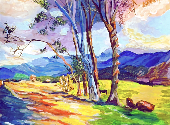 a lovely landscape of distant blue ranges, quirky colourful skies of yellow, coral, red, blue and purple colours with fields of gold. a rugged track in red gold and a couple of tree trunks with sparse foliage complete the artwork