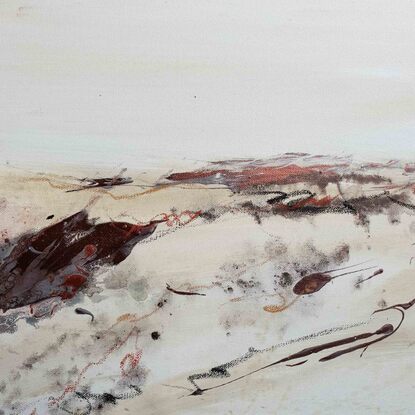 A large abstract painting of the Australian outback in earth colours, rust, brown, copper and bronze.