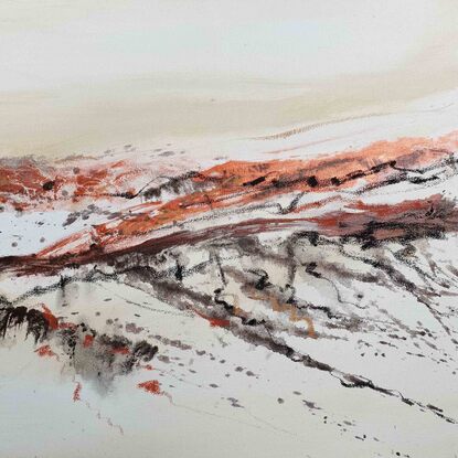 A large abstract painting of the Australian outback in earth colours, rust, brown, copper and bronze.