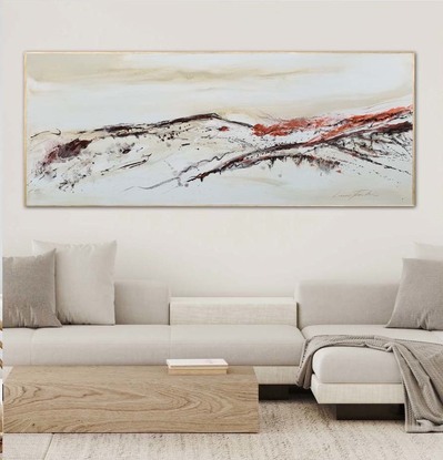 A large abstract painting of the Australian outback in earth colours, rust, brown, copper and bronze.