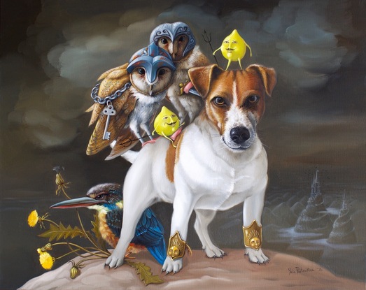 Jack Russel dog with Owls 