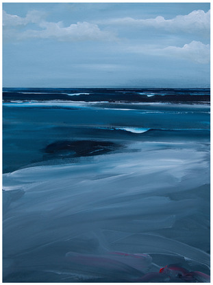 Peaceful blue abstract seascape with moody cloudy sky.