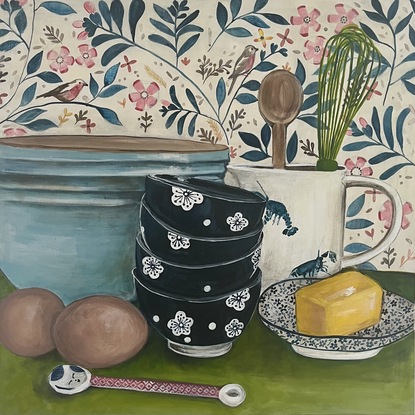 Still Life - Kitchen Scene. Mixing Bowl, Japanese blue bowls, Lobster jug, Japanese spoon, Tea towel, Eggs whisk, Wooden spoon, Butter on a plate.