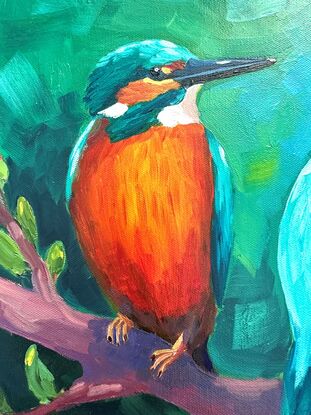 Oil painting of three Kingfishers in the bush.