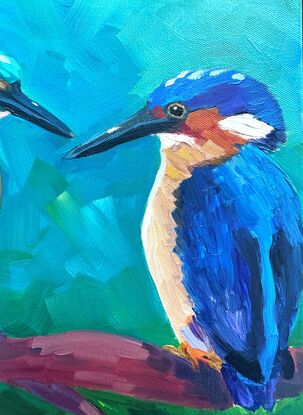 Oil painting of three Kingfishers in the bush.