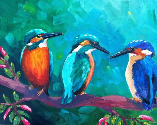 Oil painting of three Kingfishers in the bush.