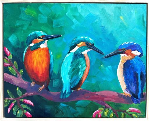 Oil painting of three Kingfishers in the bush.