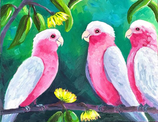 An oil painting of three pink galahs on a branch.