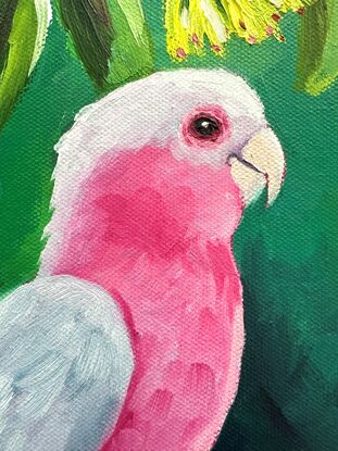 An oil painting of three pink galahs on a branch.