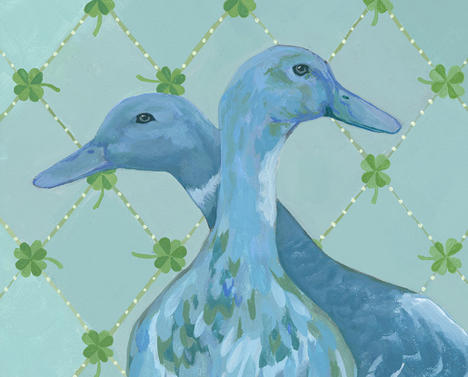 Two blue ducks on a diamond patterned background with four-leafed clovers.