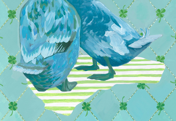 Two blue ducks on a diamond patterned background with four-leafed clovers.