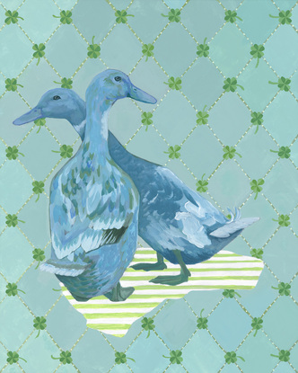 Two blue ducks on a diamond patterned background with four-leafed clovers.