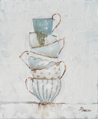 Still Life featuring a stack of blue and white tea cups. Painting with brush and palette knife
