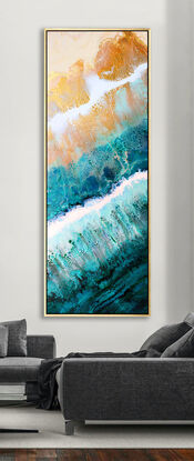 ABSTRACT painting that gives the impression of soothing ocean waves lapping in to soft sandy beach with slow easy waves creating crests of white with an opalescent quality.  The intricate mosaic pattern within the tonal green hues with blue accents and the glimmering metallics adds added interest and intrigue.
The closer you get to the painting the more of the interesting details and patterns you can see. Metallics add an extra depth because the painting changes personality when one views from different angles.